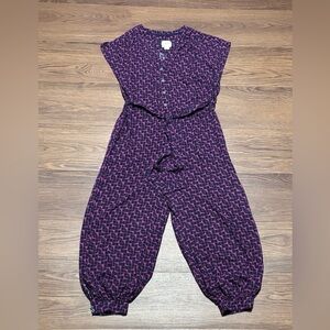 Anthro Maeve Purple Geo Print Jumpsuit Balloon Sleeve Crop Pants XS
